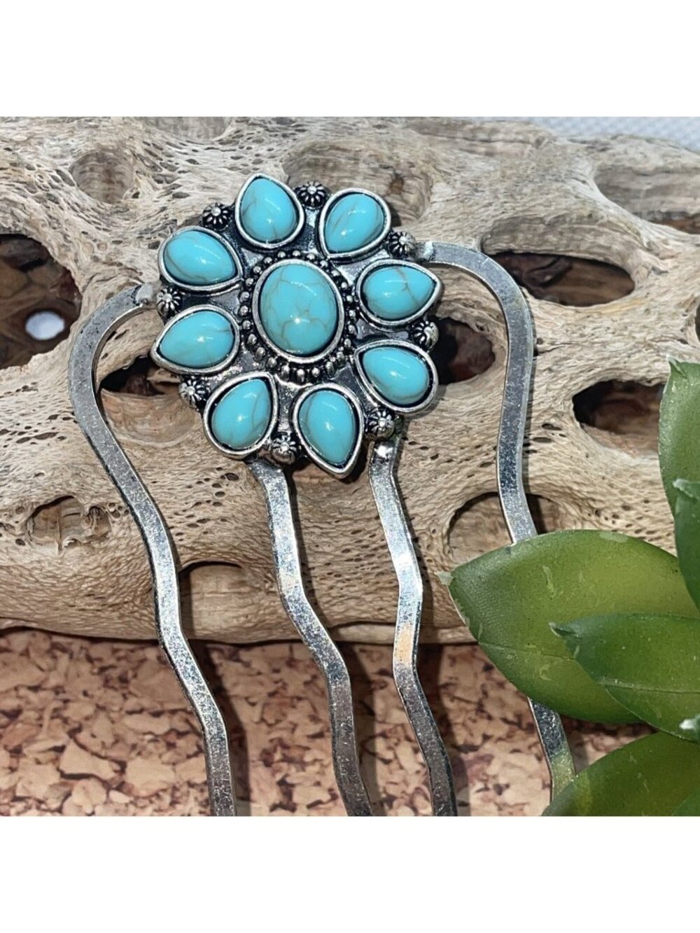 WESTERN Blue TURQUOISE HAIR PIN Clip Silver Southwest Comb Barrette Fall cowgirl